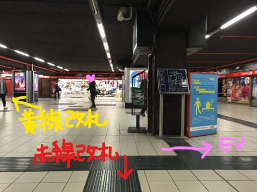 地下鉄赤線ドゥオモ駅改札を出たところ。右方向へ行くとエレベーター、左方向へ行くと黄色線改札口。